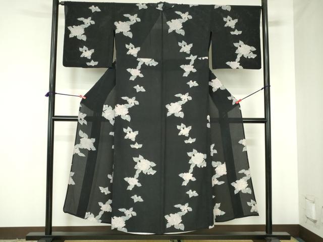平和屋着物*夏物 小紋 縦絽 紫陽花 アジサイ 黒地 正絹 逸品 DABH0262op