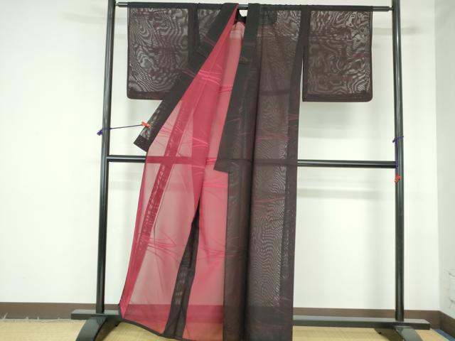 平和屋着物*夏物 小紋 紗 芝文 黒地 正絹 逸品 DABH0299op