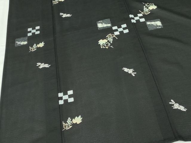 平和屋着物*夏物 小紋 絽 葡萄蔦の葉文 跳び兎 黒地 反端付き 正絹 逸品 DABH0301op