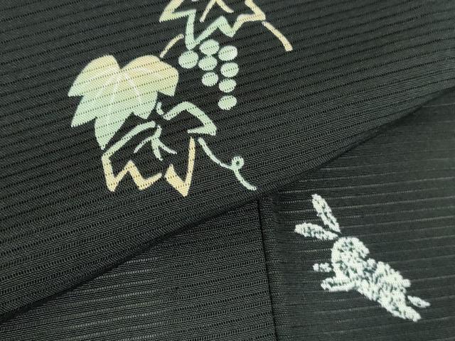 平和屋着物*夏物 小紋 絽 葡萄蔦の葉文 跳び兎 黒地 反端付き 正絹 逸品 DABH0301op