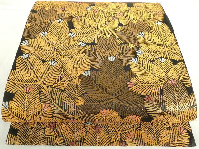 平和屋本店▼六通柄袋帯 松葉文 純金二重箔 黒地 正絹 逸品 DABH0320op