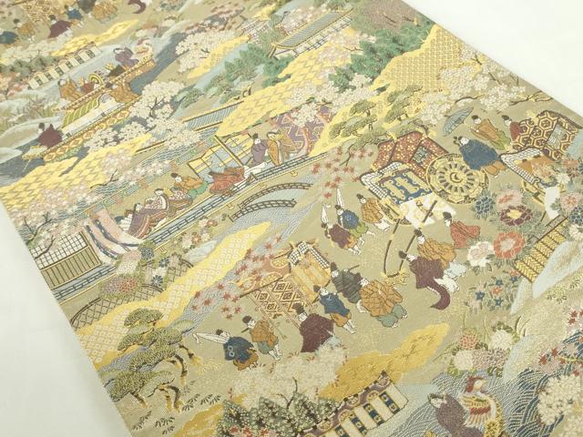 平和屋本店▼六通柄袋帯 御所車人物花文 本金二重箔 正絹 逸品 DABH0329op