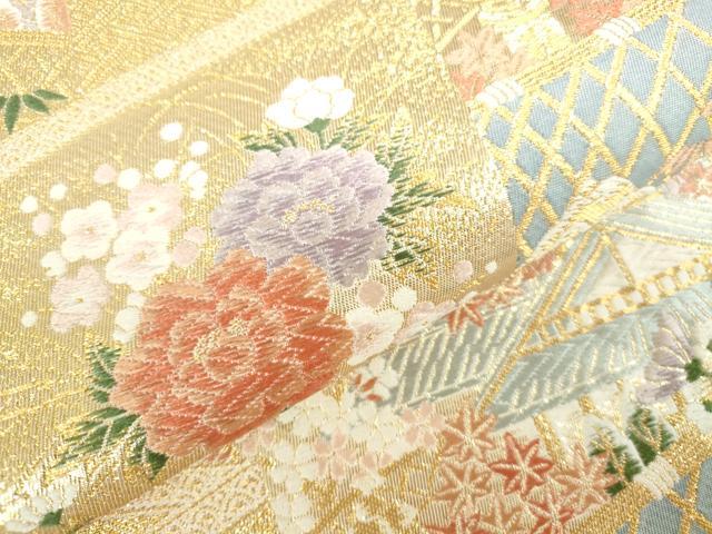 平和屋本店▼六通柄袋帯 唐織 屏風風景花文 九百 本金箔 正絹 逸品 DABH0332op