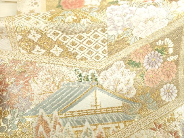 平和屋本店▼六通柄袋帯 唐織 屏風風景花文 九百 本金箔 正絹 逸品 DABH0332op