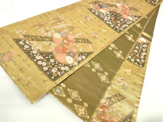 平和屋着物▼六通柄袋帯 唐織 槍梅蒔絵花丸紋 耀金 正絹 逸品 DABH0339op