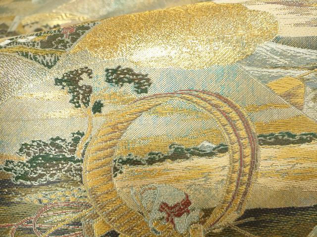 平和屋着物▼極上 西陣あさぎ 丸帯 地紙立波風景花文 本金プラチナ二重箔 正絹 逸品 DABH0346op
