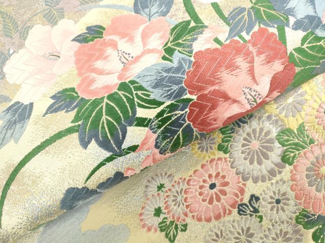 平和屋本店▼「美しいキモノ」お馴染みのメーカー となみ織物 六通柄袋帯 唐織 地紙花文 純金箔 反端付き 正絹 逸品 未使用 DABH0359op