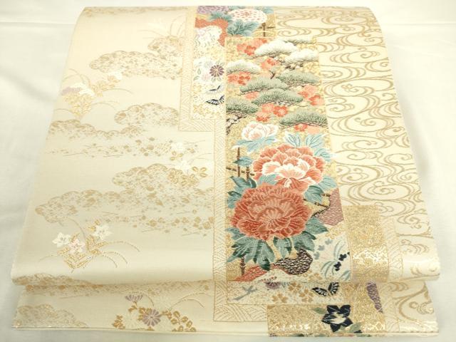 平和屋本店▼六通柄袋帯 唐織 献上短冊文 九百本金弐重織 正絹 逸品 DABH0360op