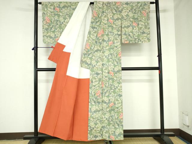 平和屋着物●小千谷紬 草花 正絹 逸品 未使用 DABH0363op