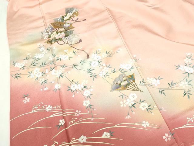 平和屋着物●訪問着 檜扇花文 枝桜 暈し染め 金彩 さが美扱い ロング丈 正絹 逸品 未使用 DABH0385op