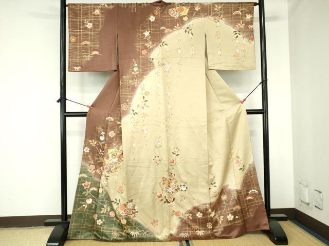 平和屋着物●訪問着 駒刺繍 舞蝶地紙花文 暈し染め 金彩 正絹 逸品 DABH0390op