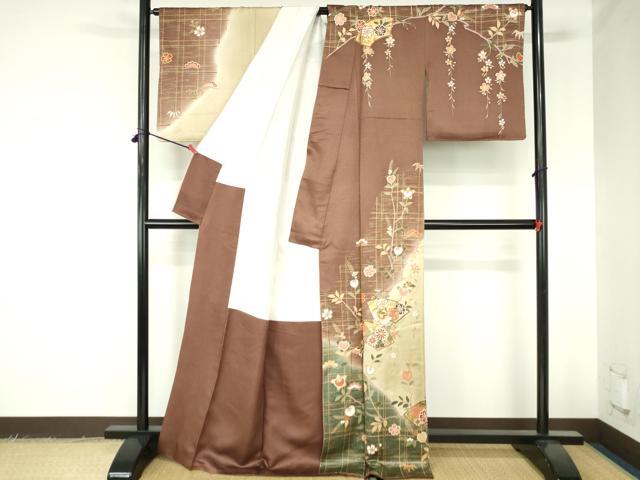 平和屋着物●訪問着 駒刺繍 舞蝶地紙花文 暈し染め 金彩 正絹 逸品 DABH0390op