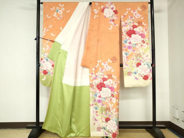 平和屋着物●豪華振袖 駒刺繍 舞蝶花文 牡丹 暈し染め 金銀彩 正絹 逸品 DABH0401op