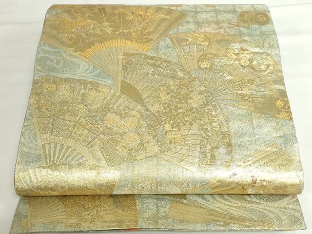 平和屋本店▼極上 西陣あさぎ 両面 全通全景柄袋帯 徳川美術館秘蔵 能楽百扇 24金プラチナ二重箔 正絹 逸品 DABH0410op