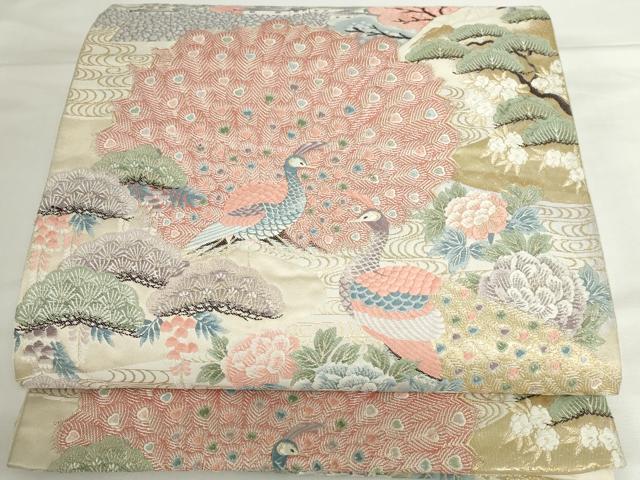 平和屋本店▼六通柄袋帯 唐織 九百錦 孔雀風景花文 純金箔 正絹 逸品 DABH0431op
