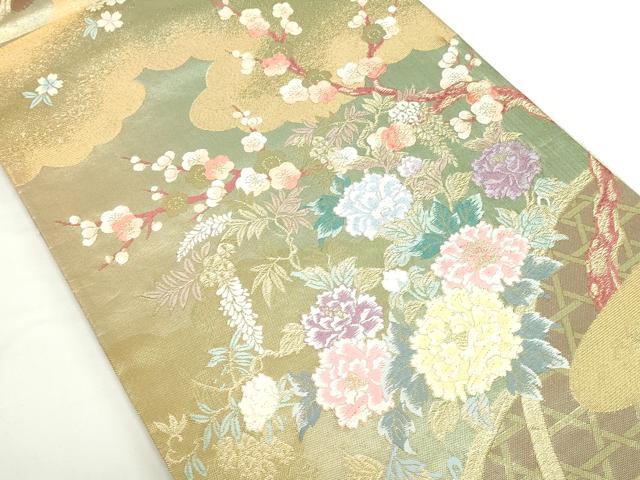 平和屋本店▼六通柄袋帯 唐織 四季垣根花図 本金箔 正絹 逸品 DABH0439op