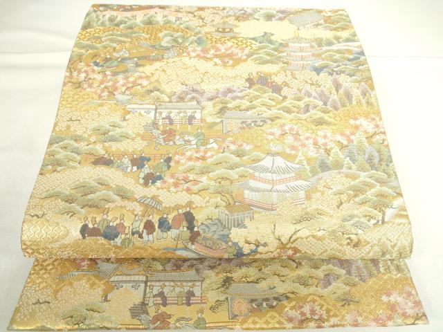 平和屋本店▼六通柄袋帯 人物風景文 本金二重箔 正絹 逸品 DABH0444op