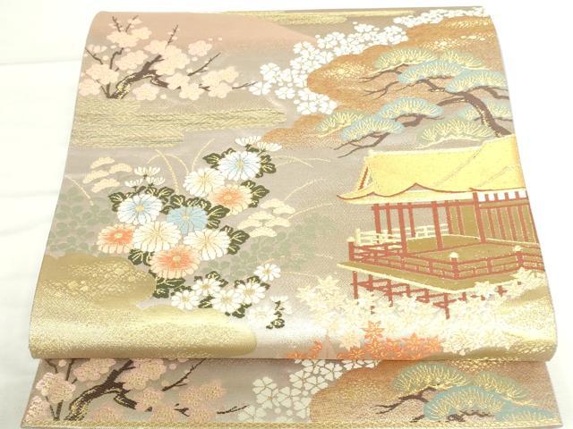 平和屋本店▼六通柄袋帯 唐織 風景花文 本金箔 正絹 逸品 DABH0445op