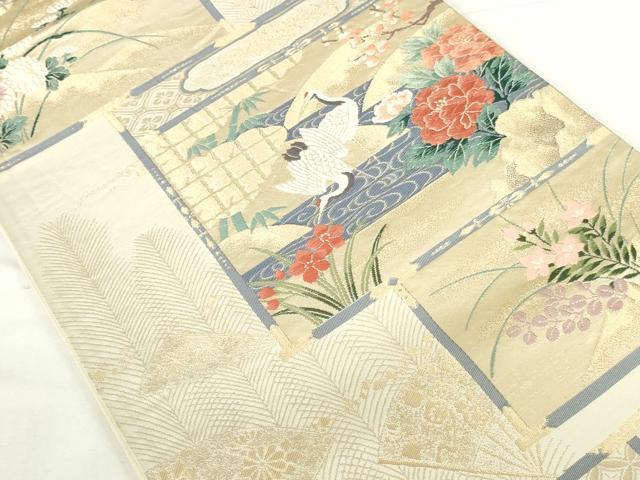 平和屋本店▼六通柄袋帯 唐織 鶴 風景花文 琳派純金箔24K 正絹 逸品 DABH0455op