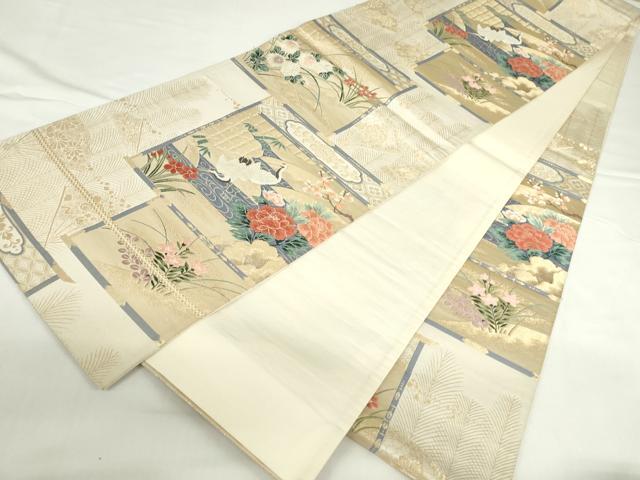 平和屋本店▼六通柄袋帯 唐織 鶴 風景花文 琳派純金箔24K 正絹 逸品 DABH0455op