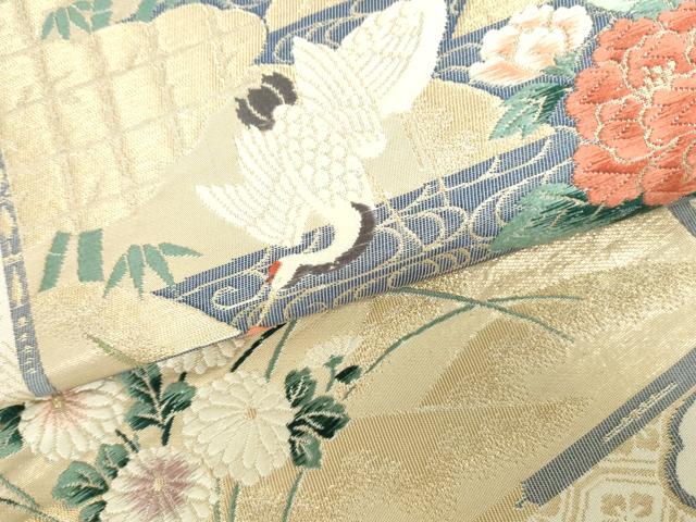 平和屋本店▼六通柄袋帯 唐織 鶴 風景花文 琳派純金箔24K 正絹 逸品 DABH0455op