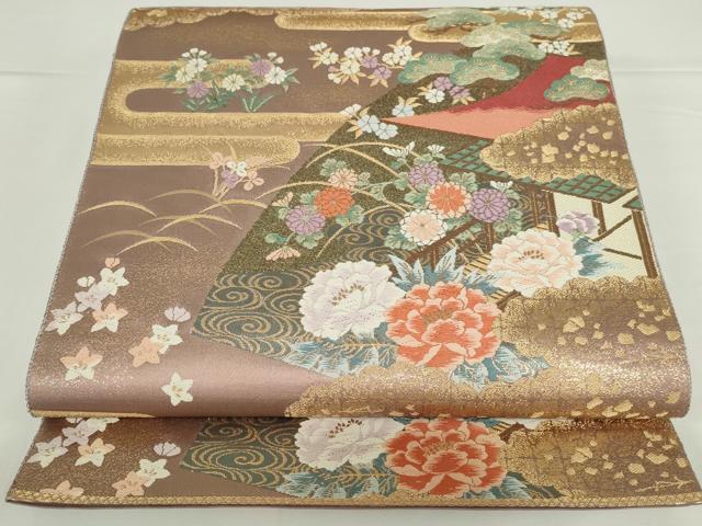 平和屋本店▼六通柄袋帯 唐織 地紙花松文 本金箔 正絹 逸品 DABH0457op