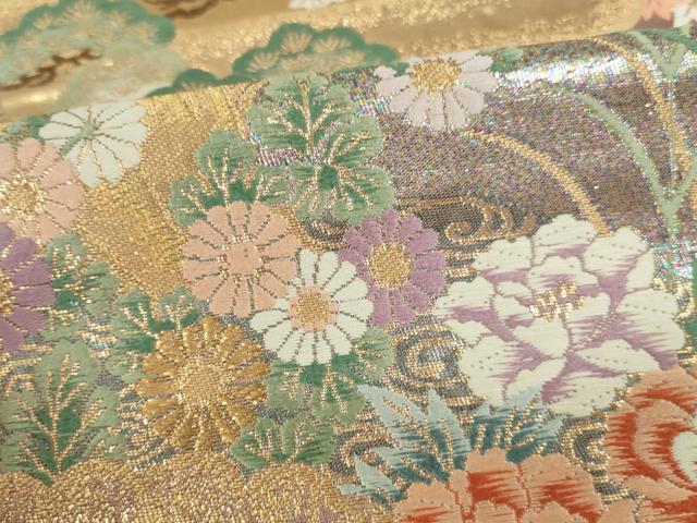 平和屋本店▼六通柄袋帯 唐織 地紙花松文 本金箔 正絹 逸品 DABH0457op
