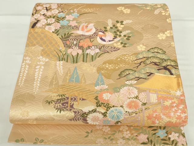 平和屋本店▼六通柄袋帯 唐織 鴛鴦風景花松文 本金箔 正絹 逸品 DABH0458op