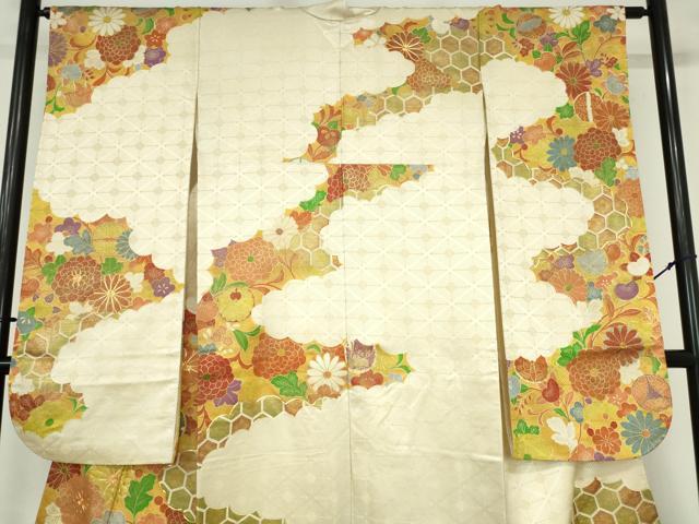 平和屋着物▼豪華振袖 駒刺繍 亀甲双蝶花文 金彩 金通し地 正絹 逸品 DABH0546op