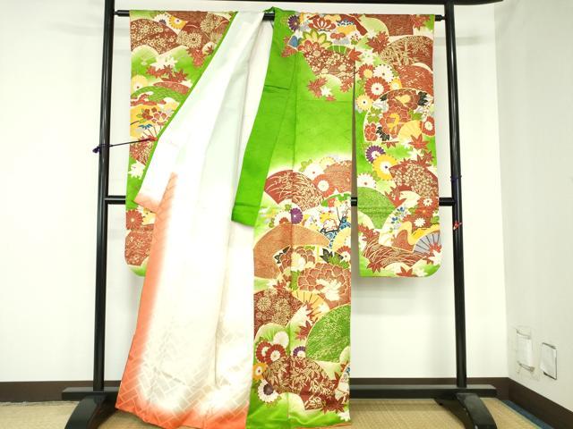 平和屋着物▼豪華振袖 駒刺繍 牡丹 地紙花文 暈し染め 金彩 金通し地 正絹 逸品 DABH0548op