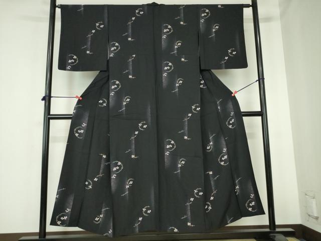 平和屋着物▽上質な小紋 単衣 舞花 松葉文 黒地 正絹 逸品 DABH0576op