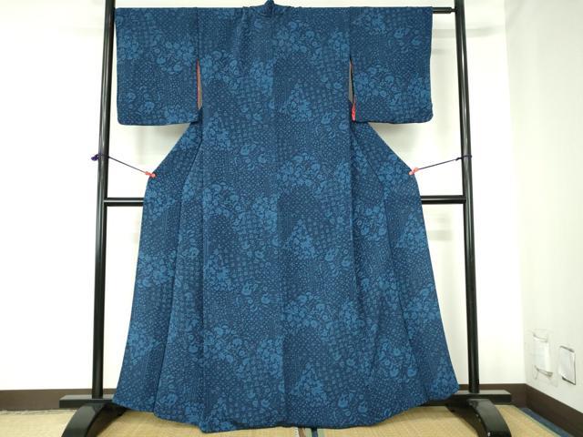 平和屋着物▽本藍 型絵染 小紋 単衣 切嵌更紗花文 鬼しぼ縮緬 正絹 逸品 DABH0579op
