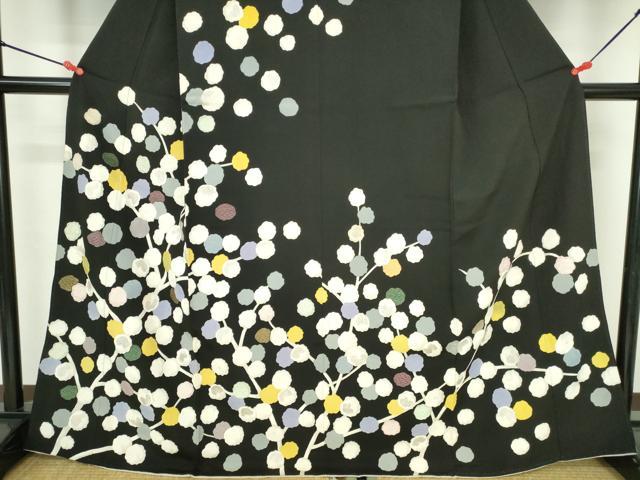 平和屋着物●訪問着 刺繍 枝花 黒地 銀彩 正絹 逸品 DABH0581op