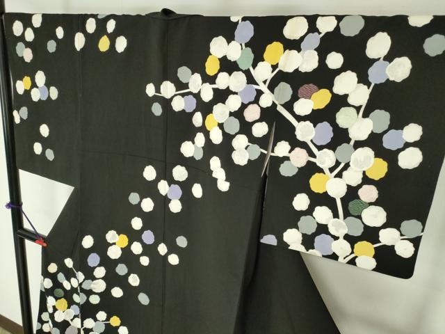 平和屋着物●訪問着 刺繍 枝花 黒地 銀彩 正絹 逸品 DABH0581op