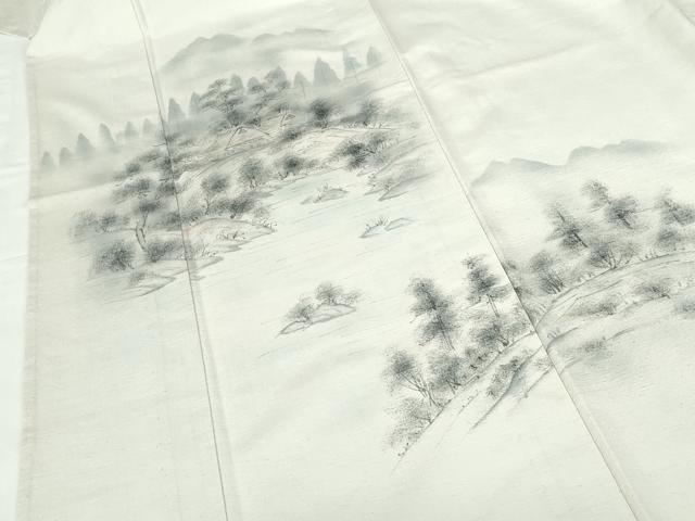 平和屋着物▽訪問着 単衣 紬地 手描き 風景樹林文 暈し染め 正絹 逸品 DABH0632op