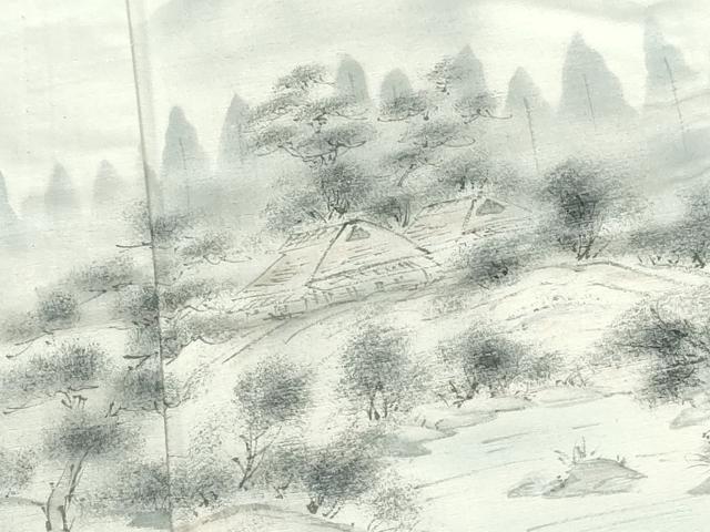 平和屋着物▽訪問着 単衣 紬地 手描き 風景樹林文 暈し染め 正絹 逸品 DABH0632op