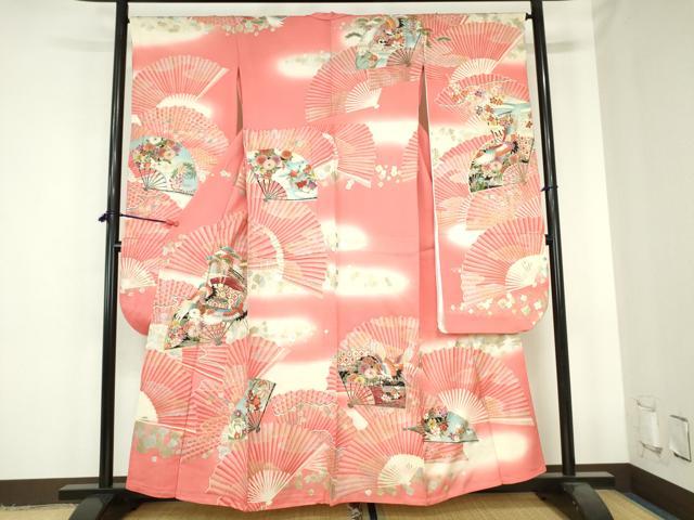 平和屋着物▽豪華振袖 単衣 駒刺繍 飛鶴扇面花文 暈し染め 金銀彩 正絹 逸品 DABH0638op
