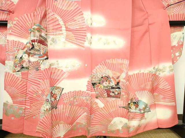 平和屋着物▽豪華振袖 単衣 駒刺繍 飛鶴扇面花文 暈し染め 金銀彩 正絹 逸品 DABH0638op