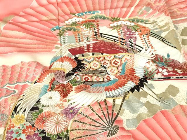 平和屋着物▽豪華振袖 単衣 駒刺繍 飛鶴扇面花文 暈し染め 金銀彩 正絹 逸品 DABH0638op
