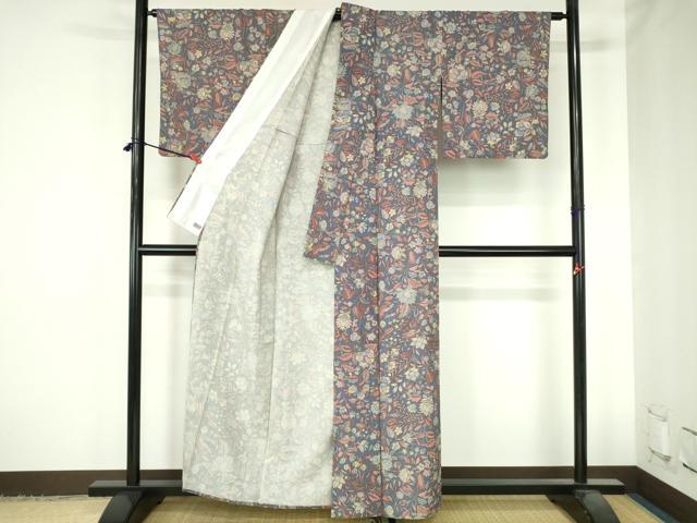 平和屋着物▽上質な小紋 単衣 更紗花文 高島屋扱い DABH0658op