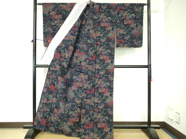 平和屋着物▽上質な紬 単衣 草花文 正絹 逸品 DABH0664op