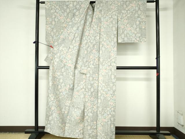 平和屋着物▽上質な紬 単衣 草花 正絹 逸品 DABH0672op