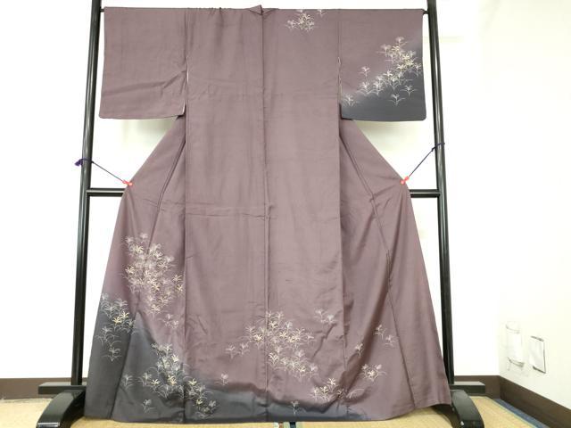 平和屋着物●訪問着 紬地 草葉文 暈し染め 正絹 逸品 DABH0683op