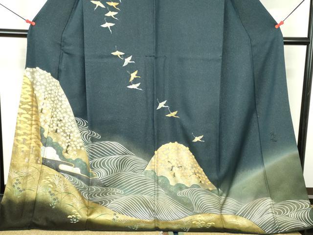 平和屋着物●訪問着 作家物 手描き 飛鶴流水花文 暈し染め 金銀彩 金通し地 ロング丈 正絹 逸品 DABH0709op
