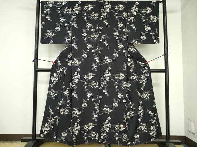 平和屋着物●上質な小紋 蔦の葉花文 黒地 正絹 逸品 DABH0782op