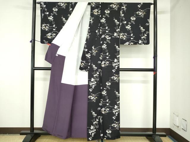 平和屋着物●上質な小紋 蔦の葉花文 黒地 正絹 逸品 DABH0782op