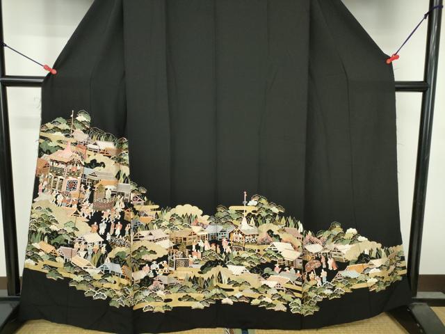 平和屋着物●豪華黒留袖 総刺繍 人物風景花文 金糸 仮絵羽 正絹 逸品 未使用 DABH0787op
