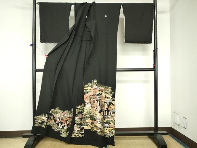 平和屋着物●豪華黒留袖 総刺繍 人物風景花文 金糸 仮絵羽 正絹 逸品 未使用 DABH0787op