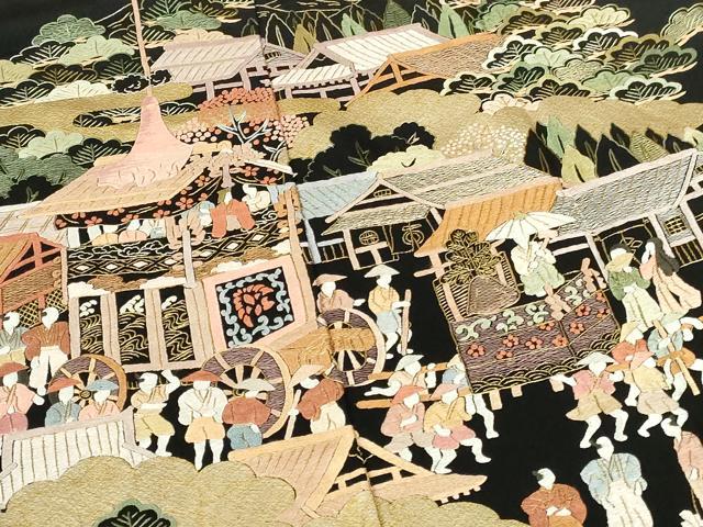平和屋着物●豪華黒留袖 総刺繍 人物風景花文 金糸 仮絵羽 正絹 逸品 未使用 DABH0787op