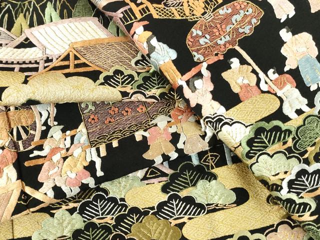 平和屋着物●豪華黒留袖 総刺繍 人物風景花文 金糸 仮絵羽 正絹 逸品 未使用 DABH0787op